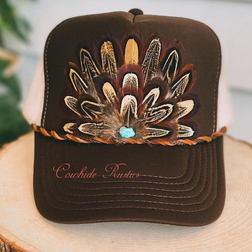 Feather Trucker Hat: Brown Khaki Cowgirl Rodeo Boho - Etsy display picture 3
