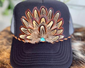 Feather Trucker Hat: Black Western Cowgirl Rodeo Hat