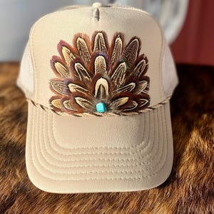 Feather Trucker Hat, Handmade not a patch,   Khaki with Leather lace accent, Cowgirl, western trucker, Rodeo, Boho