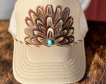Feather Trucker Hat, Handmade not a patch,   Khaki with Leather lace accent, Cowgirl, western trucker, Rodeo, Boho