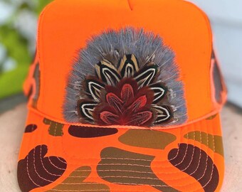 Orange Camo Feather Trucker Hat: Handmade Pheasant Western Snapback