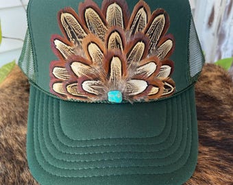 Feather Trucker Hat: Hunter Green Western Rodeo Cap