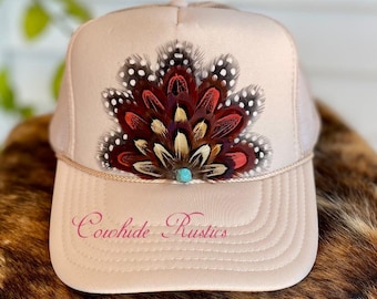 Feather Trucker Hat: Tan, Handmade Cowgirl Rodeo Hat