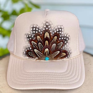 Feathered Trucker Hat: Tan Cowgirl Western Rodeo Style