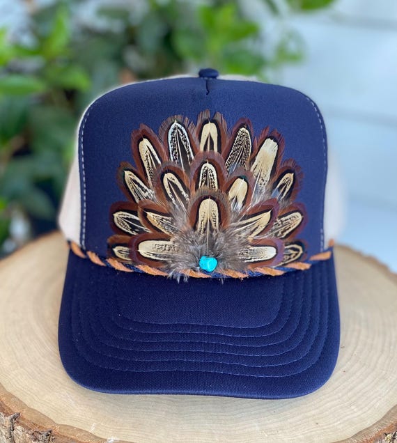 Blue Pheasant Feather Trucker Hat Which feather trucker hat do you want to open as a present  main image 2
