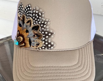 Feather Trucker Hat: Handmade  Khaki with white  mesh
