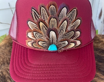 FEATHER Trucker Hat in Maroon  Cowgirl,  Rodeo,  Western,  Boho