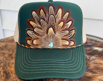 Feather Trucker Hat: Hunter Green Western Rodeo Cap