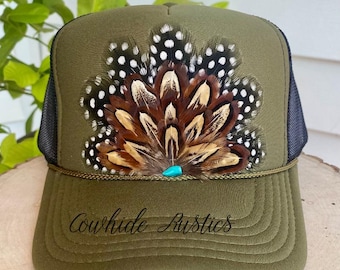 Feather Trucker Hat: Olive Green, Black Mesh, Handmade Cowgirl Rodeo Hat