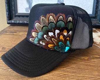 Feather Trucker Hat: Black, Handmade Feather Embellishment