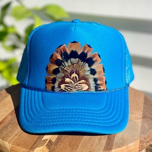 Feather Trucker hat, Cowgirl, western trucker, Rodeo, in Turquoise Blue
