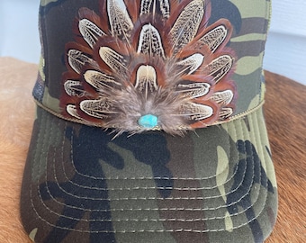 Camo Feather Trucker Hat: Handmade not a patch