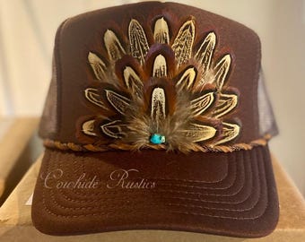 Feather Trucker Hat in BROWN, Trucker, Cowgirl western, rodeo, boho