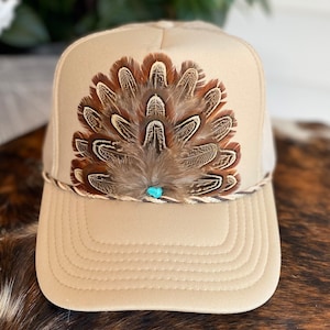 Feather Trucker Hat,  Khaki with Leather lace accent, Cowgirl, western trucker, Rodeo, Boho