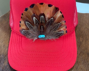 Authentic Feather Trucker Hat in Red, Cowgirl Trucker, Trendy Feather Hat, Western Trucker Hat, rodeo, Boho