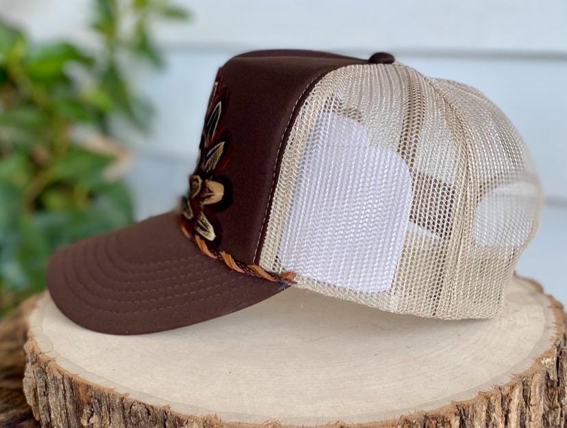 Feather Trucker Hat: Brown Khaki Cowgirl Rodeo Boho - Etsy display picture 2