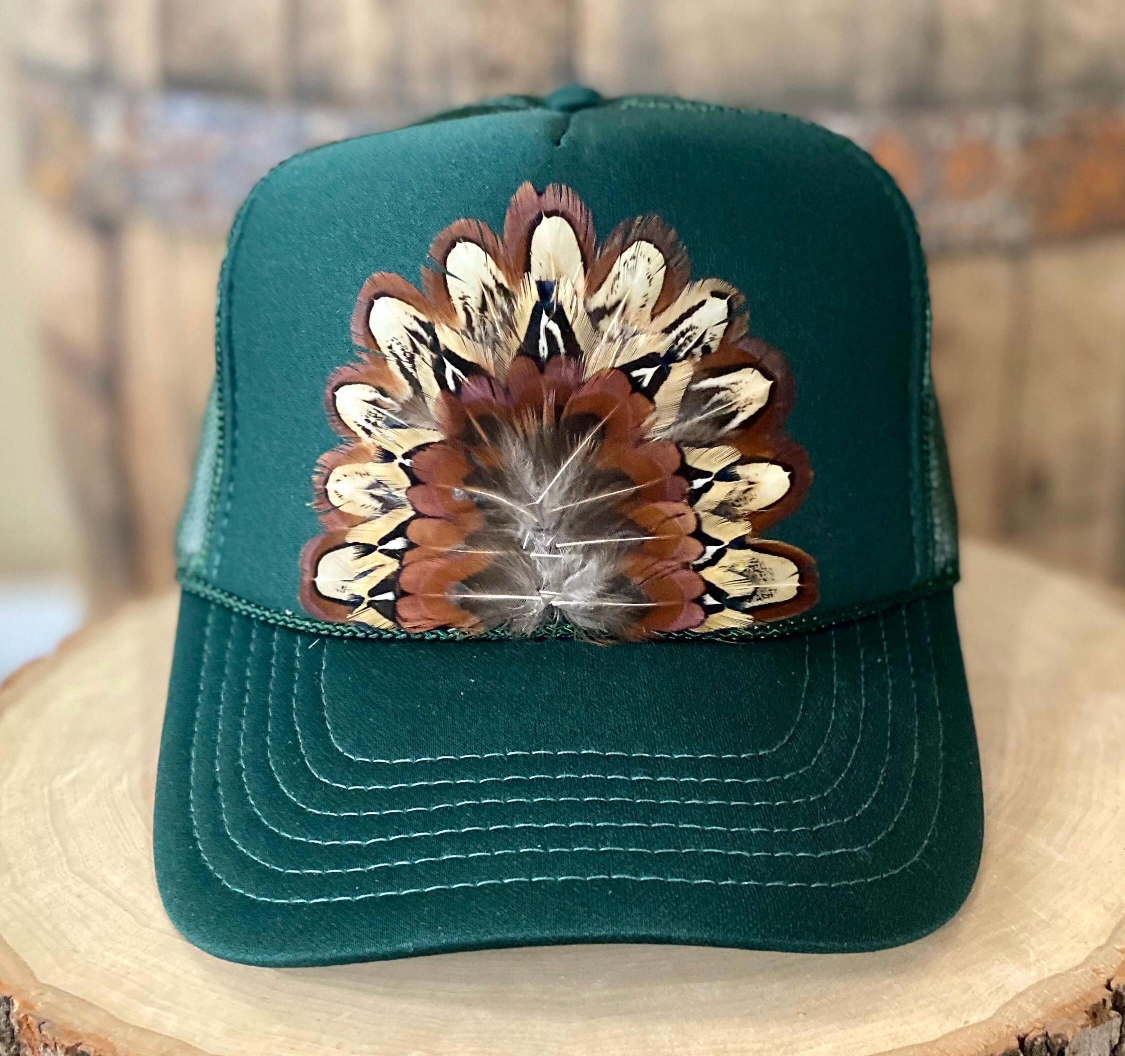 F1 Khaki/Blue - Ribbon Bee & Feather Trucker Hat Khaki Feathered Trucker Hat - Etsy main image 4