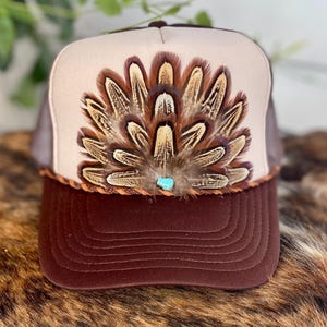 Feather Trucker Hat: Tan & Brown, Leather Lace, Western Cowgirl