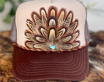 Feather Trucker Hat: Tan & Brown, Leather Lace, Western Cowgirl