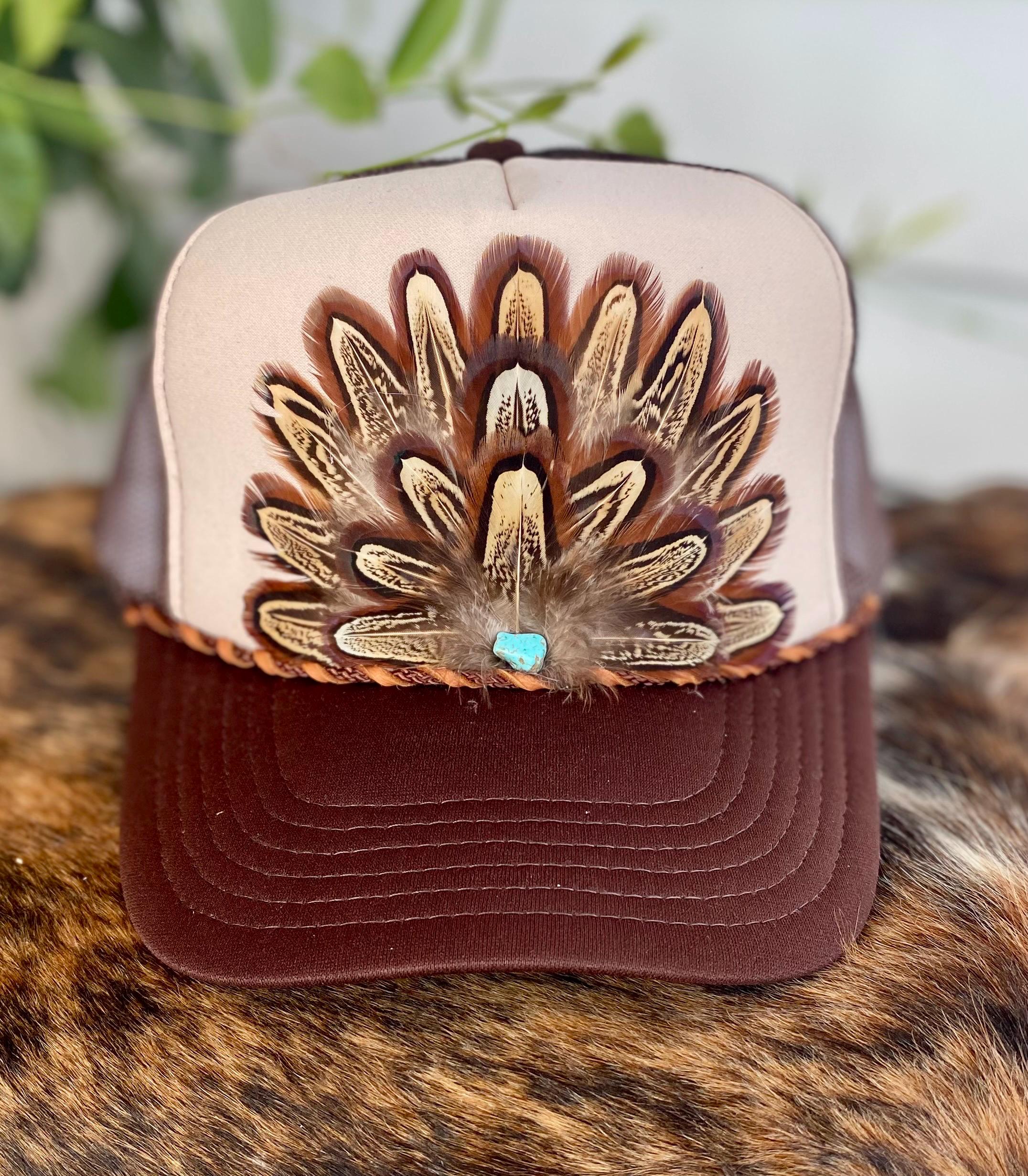 Feather Trucker Hat: Tan & Brown, Leather Lace, Western  display picture 1