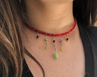 Handmade Red & Green Beaded Queencore Choker Necklace