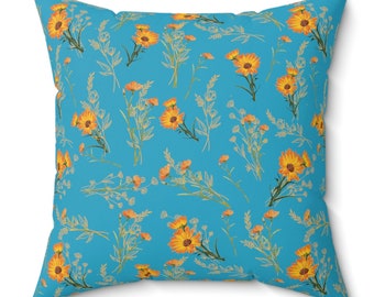 Floral Blue Accent Pillow, Orange Flowers Aqua Blue Couch Pillow, Yellow Flowers Blue Square Pillow, Aqua Blue Floral Square Pillow.