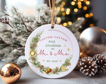 Adorno navideño personalizado, primera Navidad personalizada como adorno del Sr. y la Sra., regalo de adorno navideño de boda personalizado