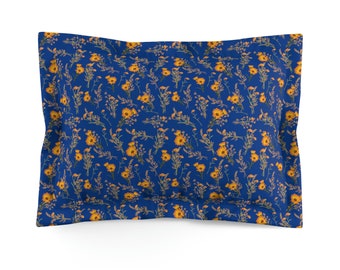 Floral Pillow Sham, Boho Blue Floral Pillow Sham, Yellow Flowers Pillow Sham, Blue Floral Pillow Sham, Orange Flowers Blue Pillow Sham