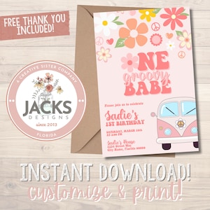 One Groovy Babe Birthday Invitation, First Birthday Invitation, Groovy Invitation, Instant Download
