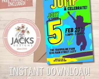 Trampoline Park Birthday Party Invitation, Bounce into Fun, Kids Birthday Party, Active Birthday, Jumping Celebration