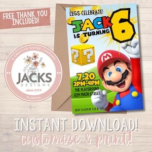 Super Mario Birthday Invitation, Super Mario Bros Thank You, Gaming Invitation, Kids Invitation, Instant Download