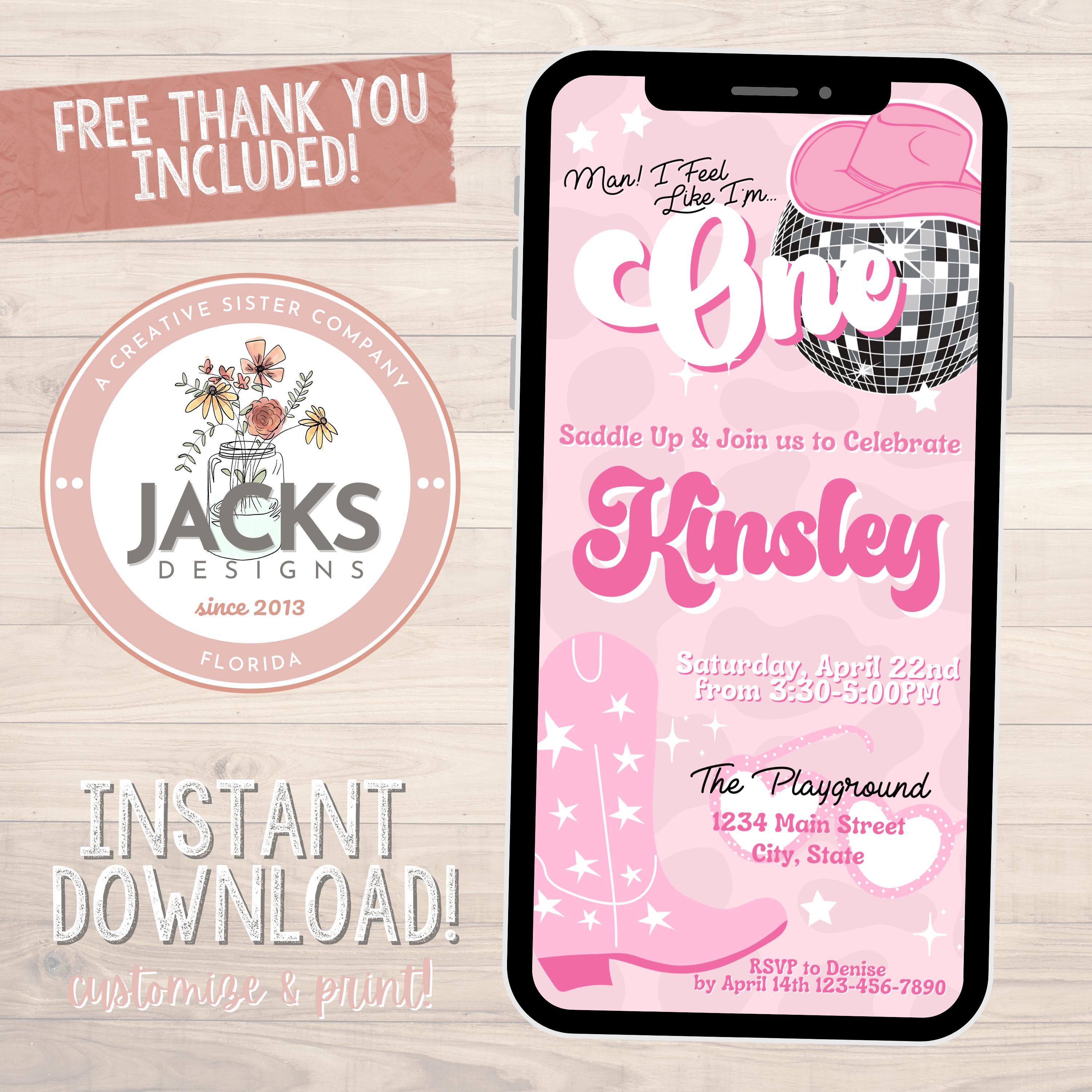 Man I Feel Like I'm One Birthday Invitation, Disco Cowgirl Birthday Invitation, 1st Birthday Invite, Cowgirl Birthday Invitation, Text Evite