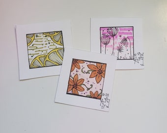 3 Assorted 2x2" Handmade Illustrations - Gift Ideas