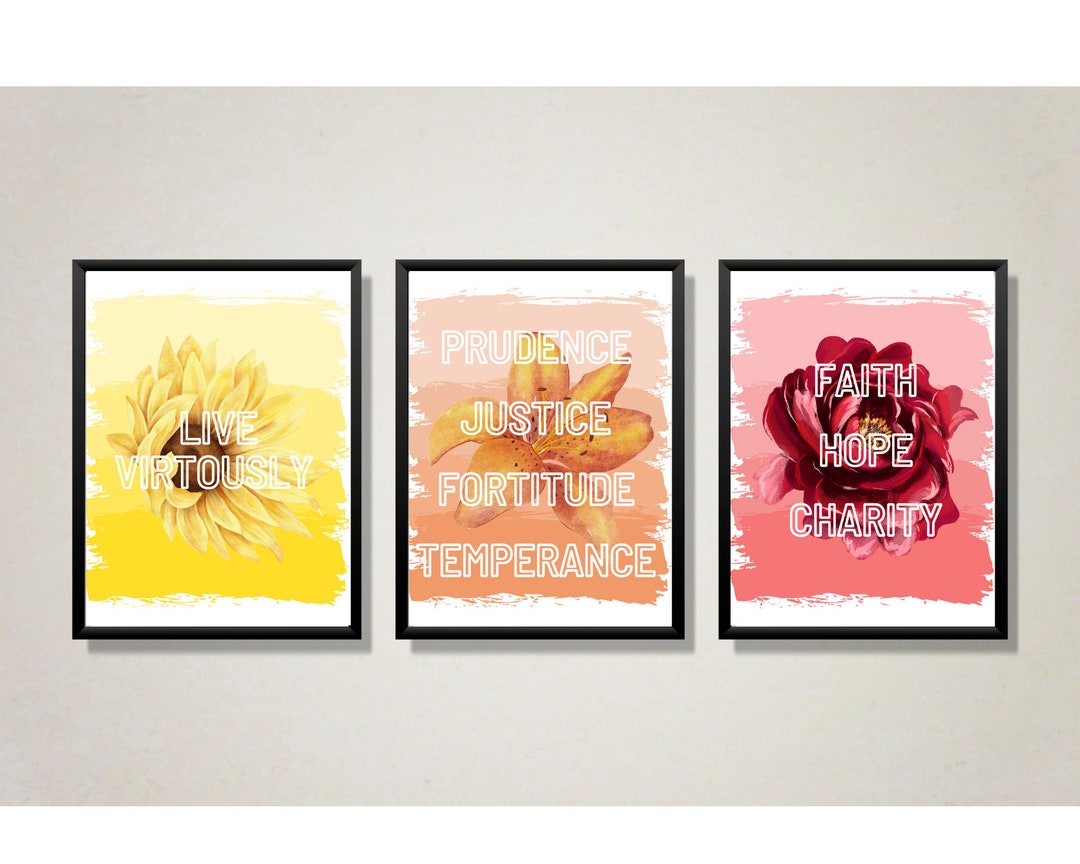 Set of 3 7 Heavenly Virtues With Flower Background Catholic Digital