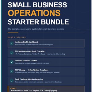 May include: A dark blue digital document titled Small Business Operations Starter Bundle from walkingaroundtheblog.com. It lists a Business Health Dashboard, 60-Point Operations Audit Checklist, Vendor & Contract Tracker, SOP Library, and Audit Findings Log, plus a bonus PDF guide.