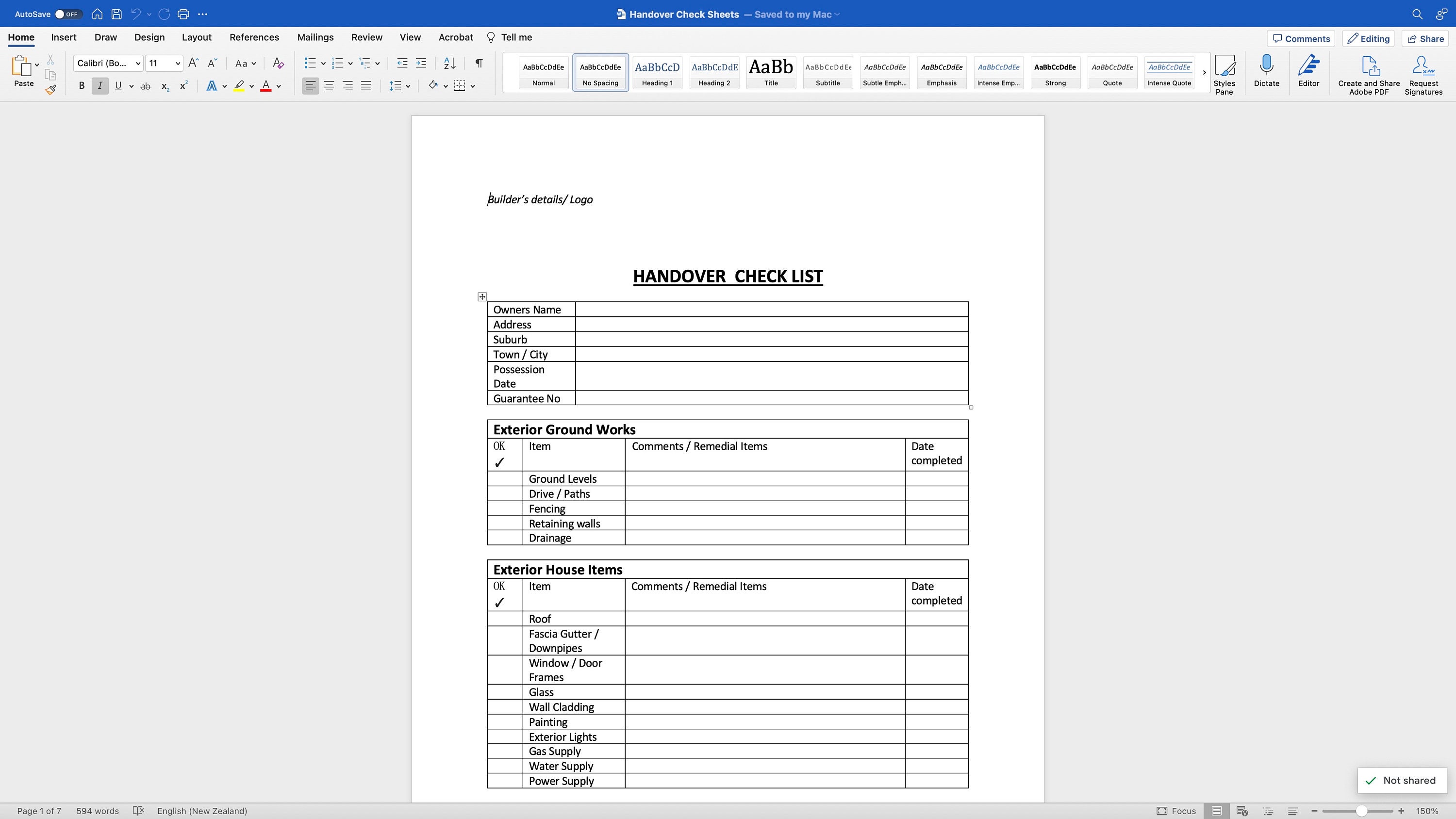 Construction / Builders Check Sheet - Etsy