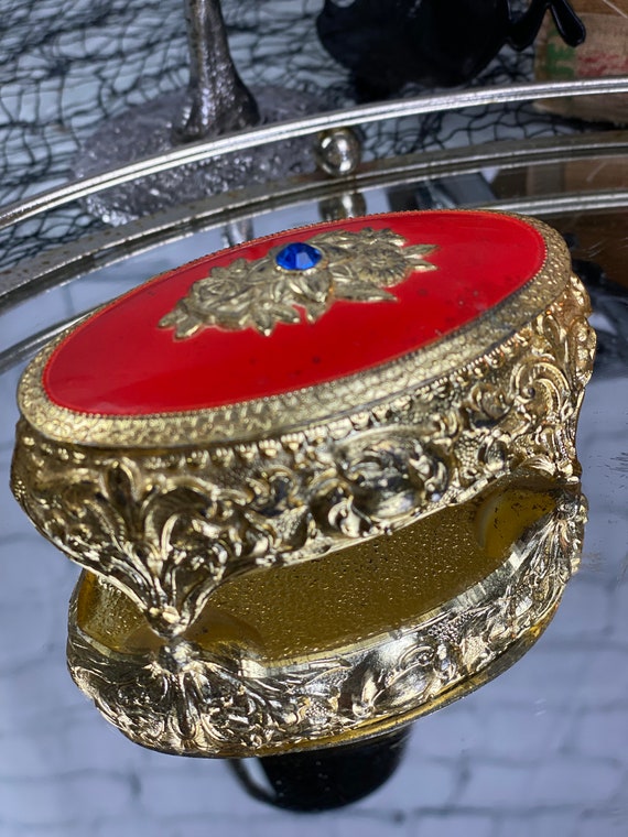 Victorian Oval Gold Gilt Trinket,Red Enamel & Blue