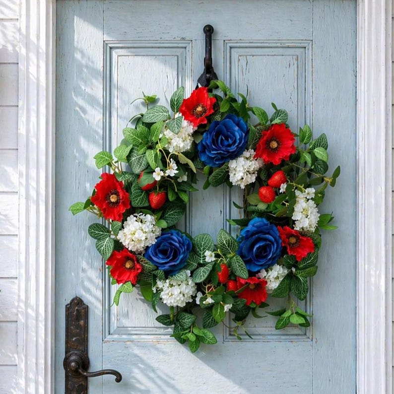 Red White Blue Strawberry Summer Wreath Front Door Decor Patriotic ...