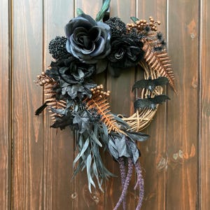 Halloween Door Wreath Gothic Black Bat Foliage Feather Copper Berries Fall Decor Spooky Boho Wall Display Holiday Accent Hostess Gift Idea