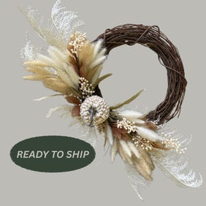 Neutral Boho Front Door Wreath Dried Grass Decor Idea White Tan Foliage Berries Year Round Wreath Thanksgiving Housewarming Gift New Buyer