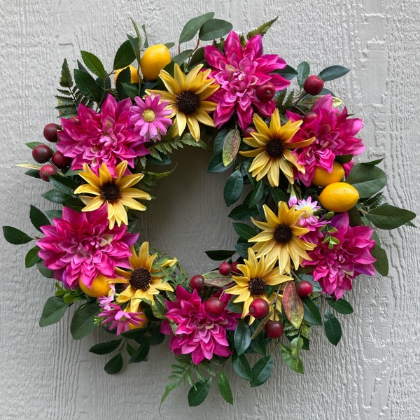 Summer Bright Flower, Lemon, Apple Wreath for Front Door. Modern Farmhouse Decor. Yellow, Hot Pink and Red Wreath. Luxury Housewarming Gift.