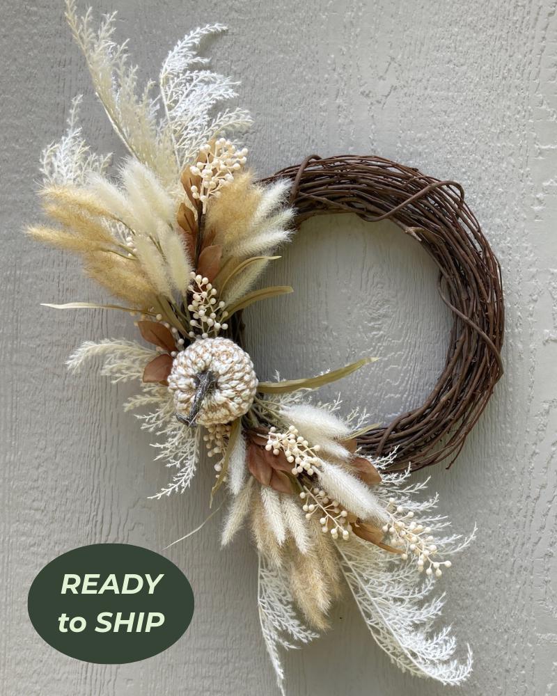Neutral Boho Front Door Wreath Dried Grass Decor Idea White Tan Foliage ...