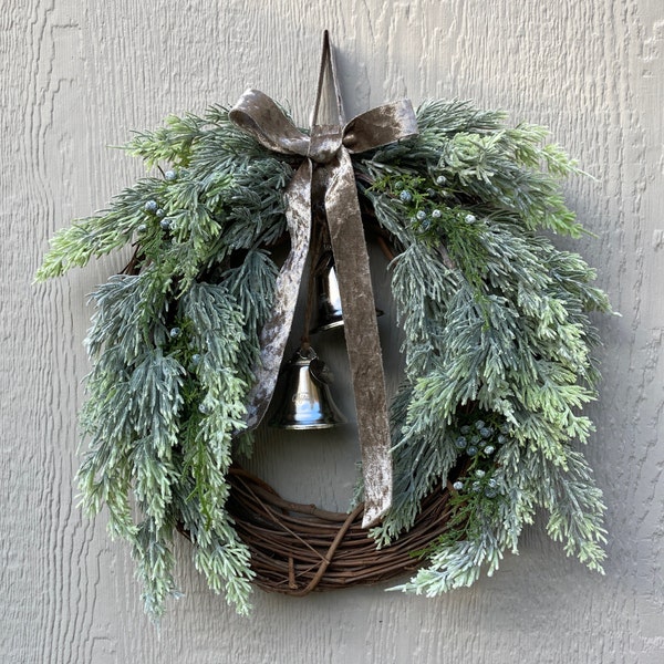 Winter Frosted Wreath with  Silver Bells and Double-Sided Velvet Bow. Year Round Cedar and Juniper Wreath. Handmade Christmas Decor and Gift