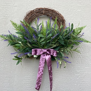 Lavender Olive Front Door Wreath With Purple Velvet Bow All Season Evergreen Wall Decor Realtor Closing Gift Homeowner  Housewarming Gift