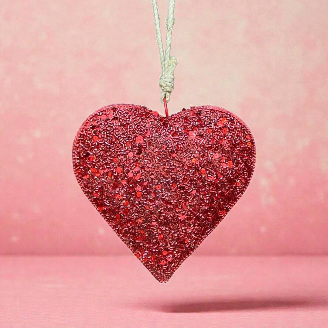 Red Heart Beaded Ornament Rustic Farmhouse Valentine Decor Primitive ...