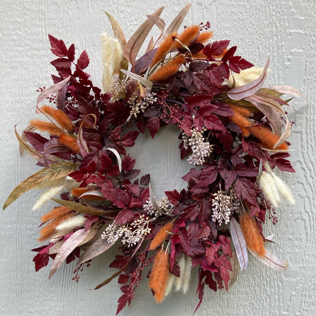 Fall Burgundy Cream Modern Wreath Autumn Door Decor Everyday Leaf Berry ...