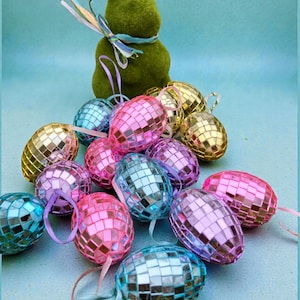 Mosaic Mirror Tile Egg Hanging Ornament Set of 4 Retro Easter Decor Disco inspired Pastel Spring Home Decoration Gift Idea Under 20