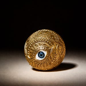 May include: A spherical gold object featuring an intricate embossed pattern of swirling lines and small beads. Centered on the surface is a realistic, detailed human eye with a blue iris and white sclera, set within the textured metallic gold casing.