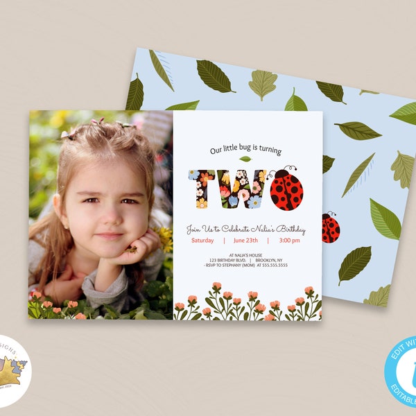 Ladybug Invitation Template with Photo 2nd Birthday | Editable with Templett