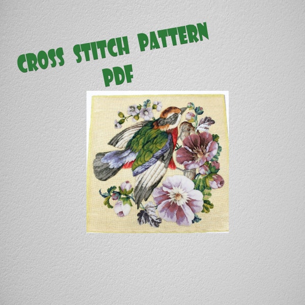 Cross stitch pattern Bird and bindweed - vintage embroidery - vintage cross stitch pattern flowers - bird embroidery